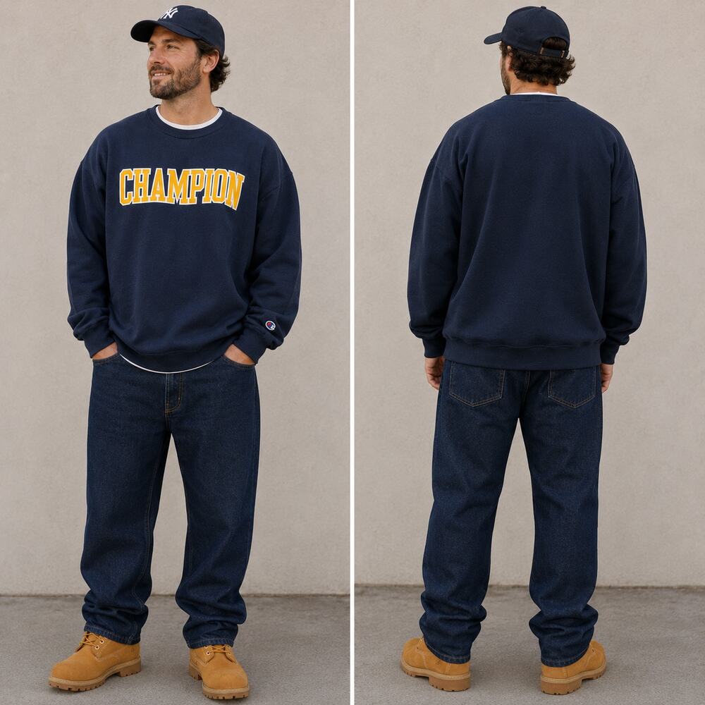 Champion Men's Navy Blue + Yellow Sweatshirt Size 2XL